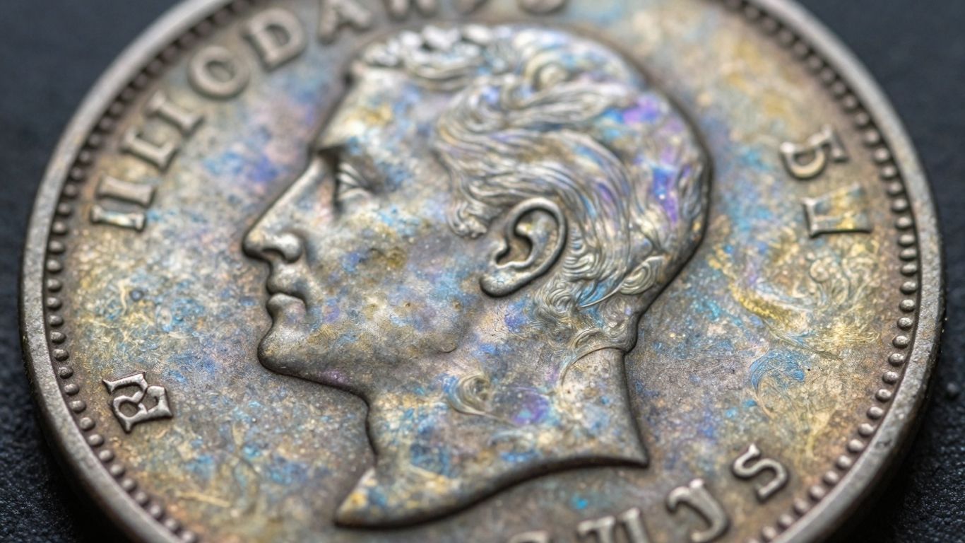 Close-up of a naturally toned coin with colorful patina.