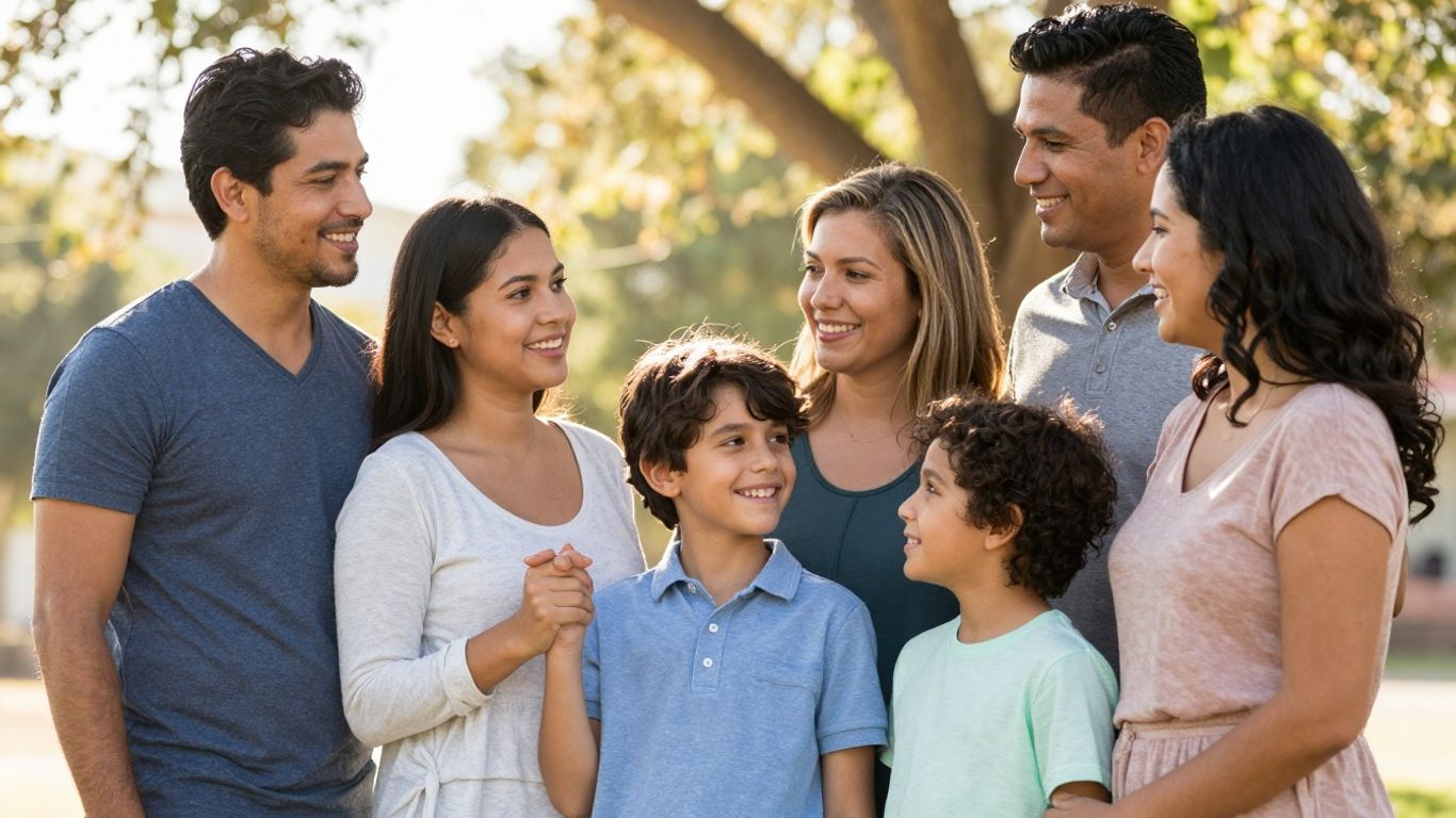 Family smiling together outdoors, conveying security and peace.