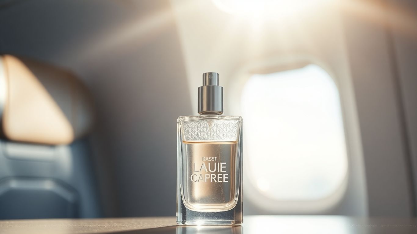 Perfume bottle on an airplane seat.