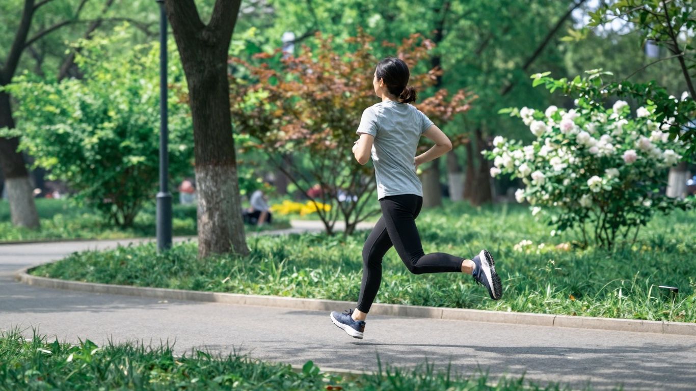 Persoană alergând într-un parc însorit.