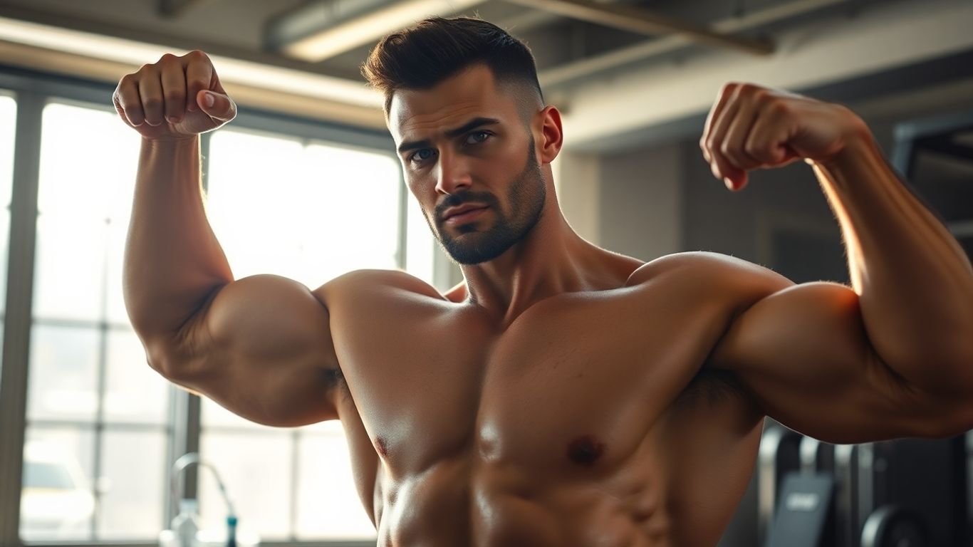 Bodybuilder flexing, gym, health monitoring