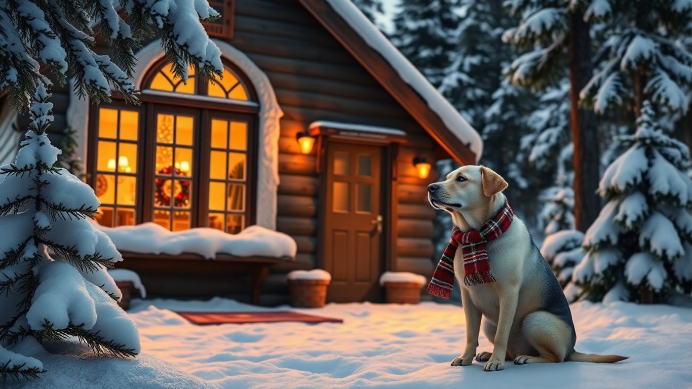 Dog by fireplace in snowy Christmas cottage.