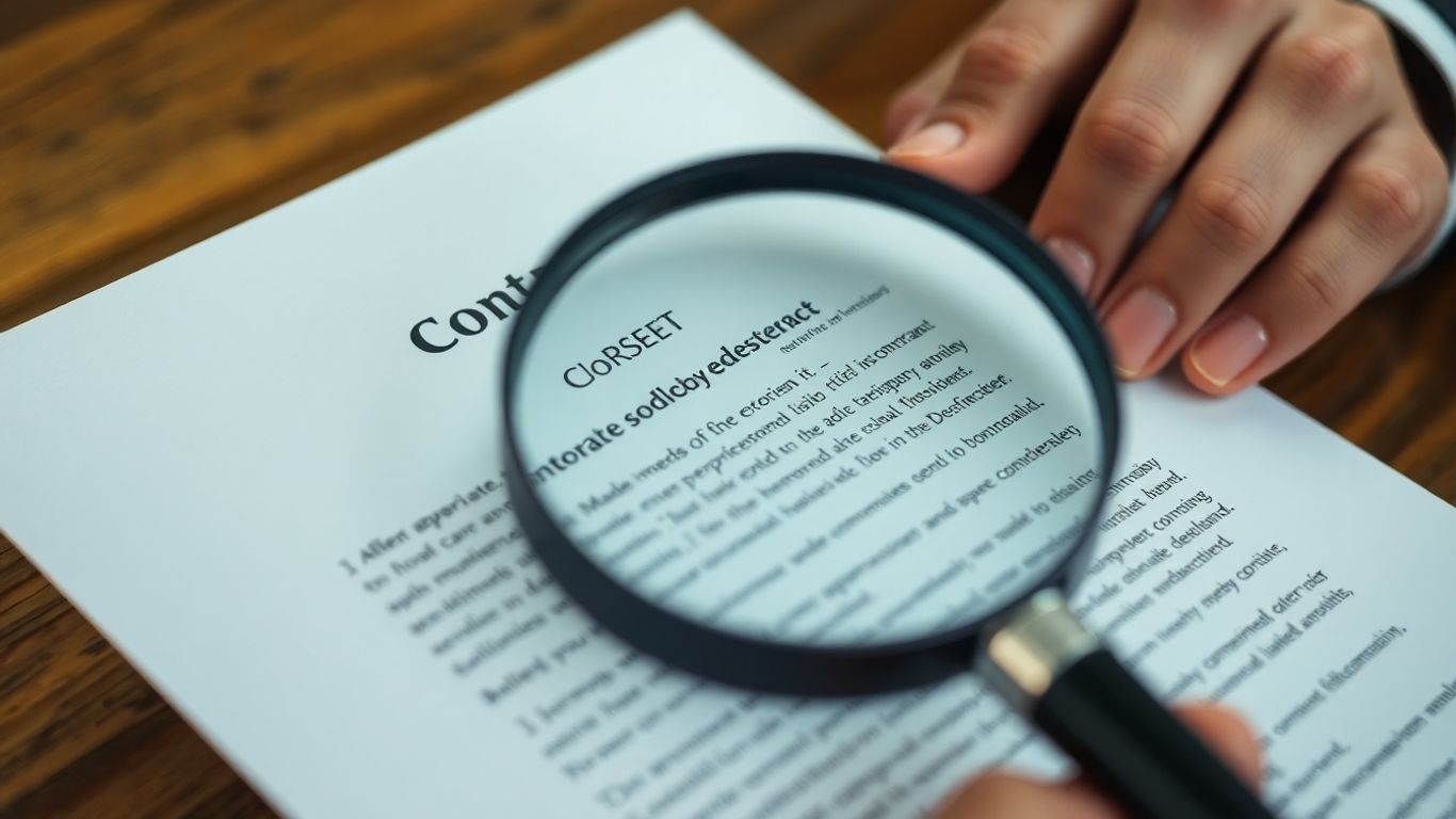 Mâini examinând un contract cu o lupă.