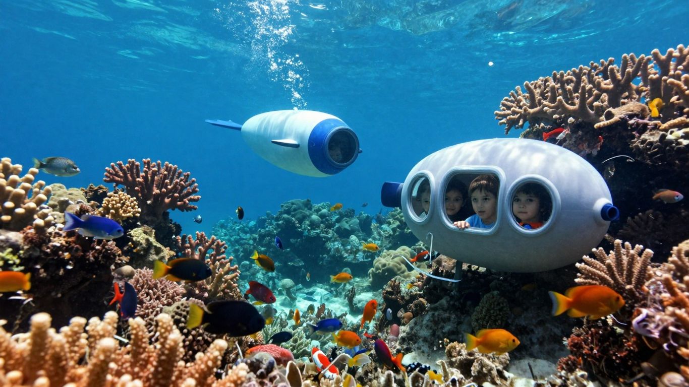 Submersible exploring a colorful coral reef with children.