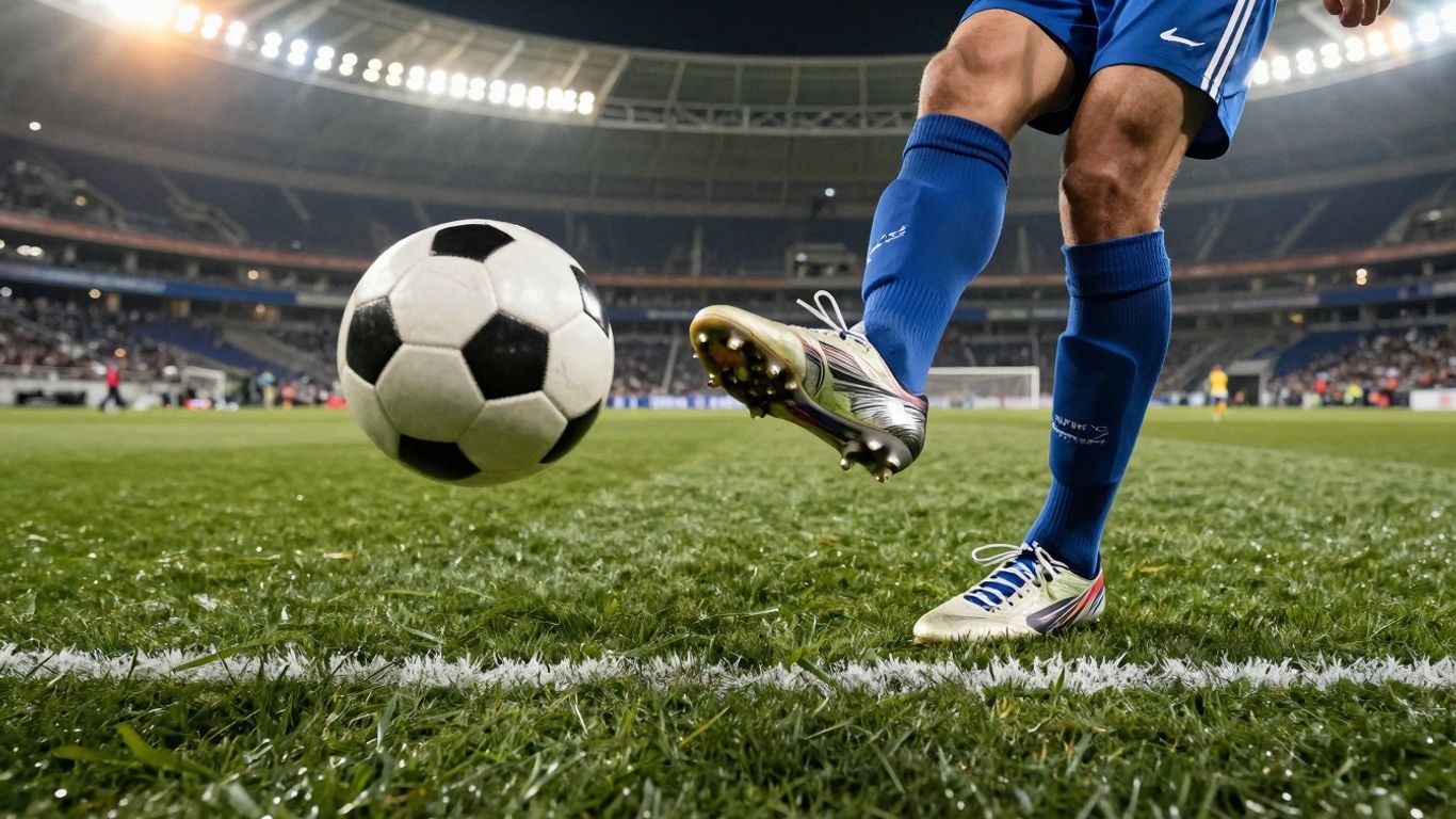 Fotbalist lovind mingea pe terenul verde.