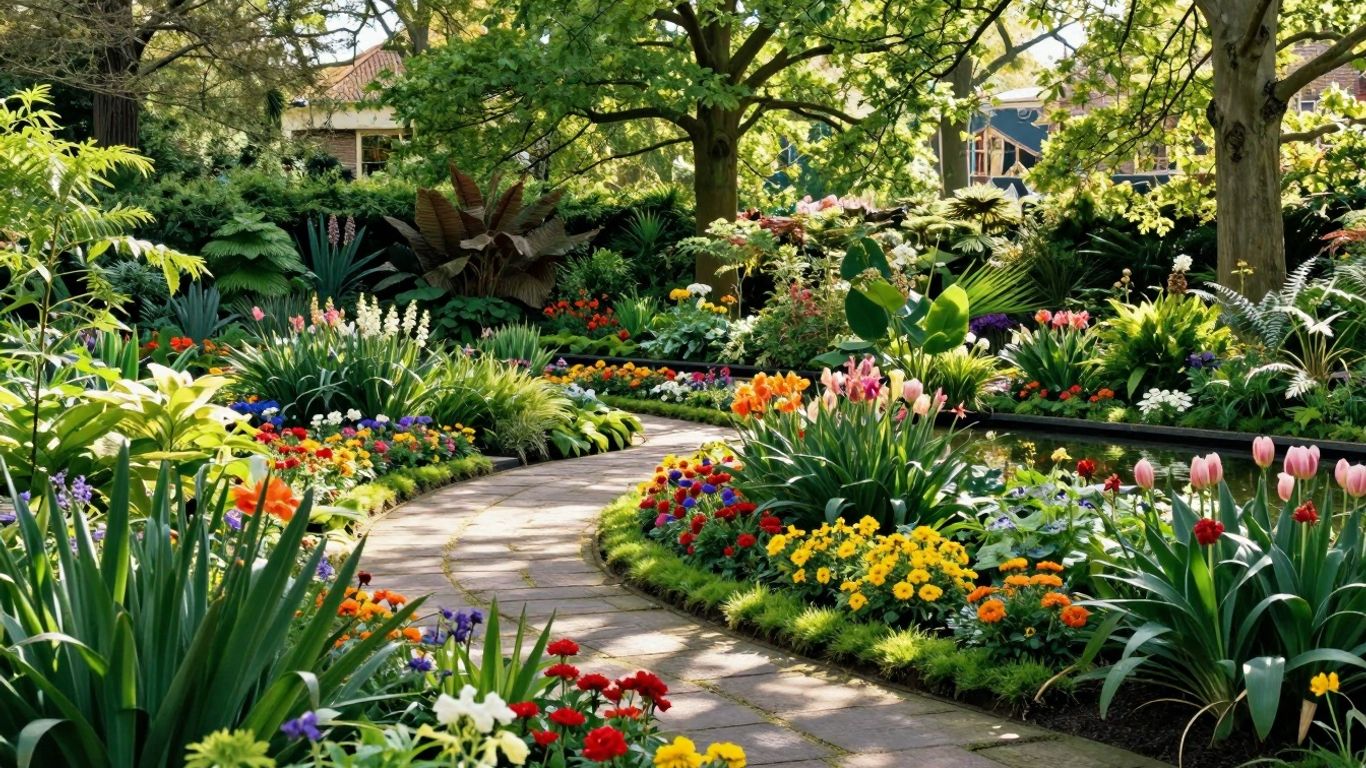 Kleurrijke bloemen en groene paden in een Nederlandse tuin.