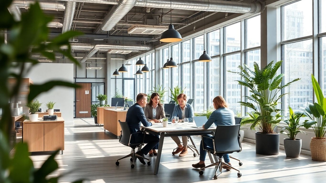 Team arbeitet in nachhaltigem modernen Büro mit Pflanzen