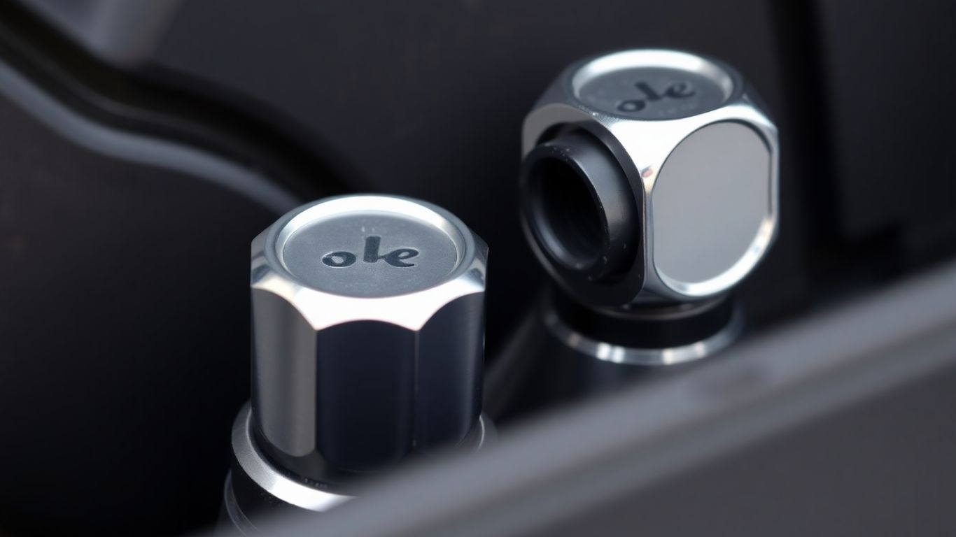 Shiny car valve stem caps on tires.