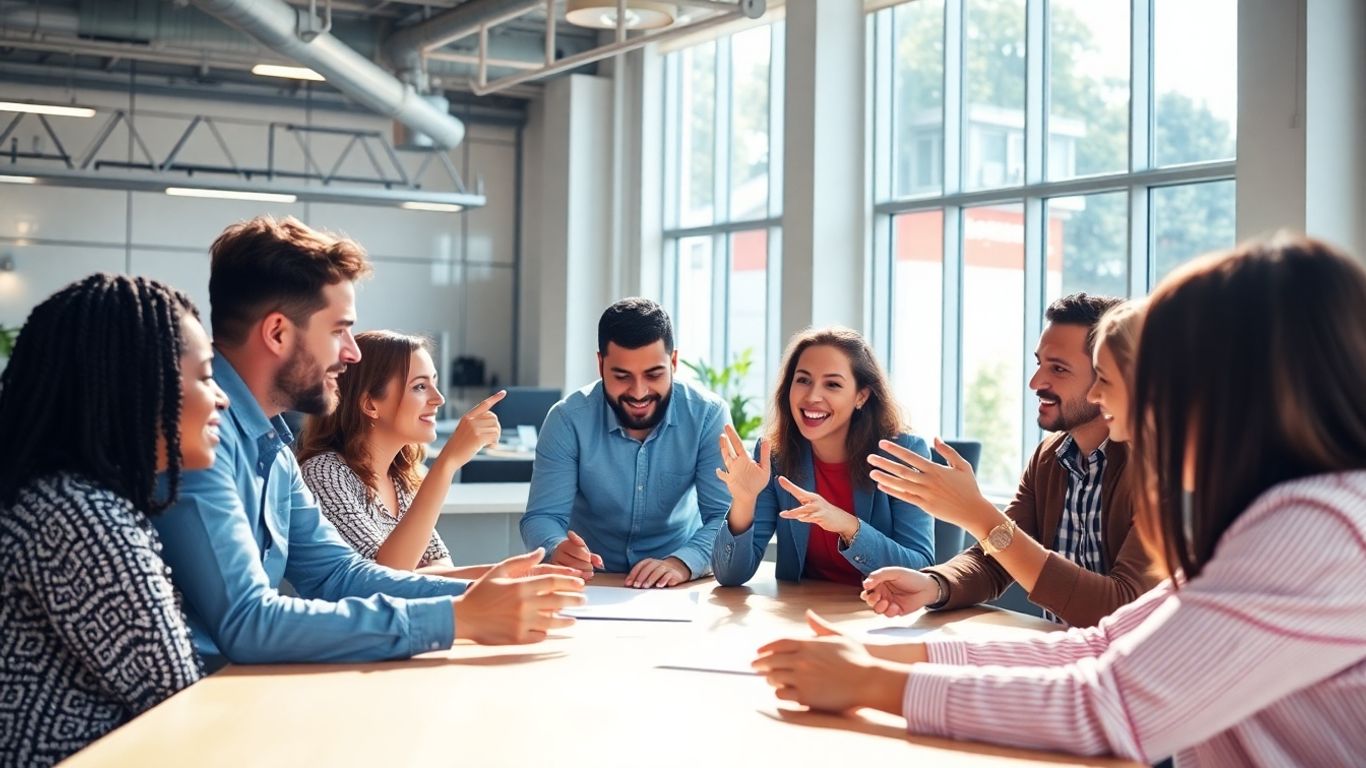 Team collaborating in a bright, modern office.