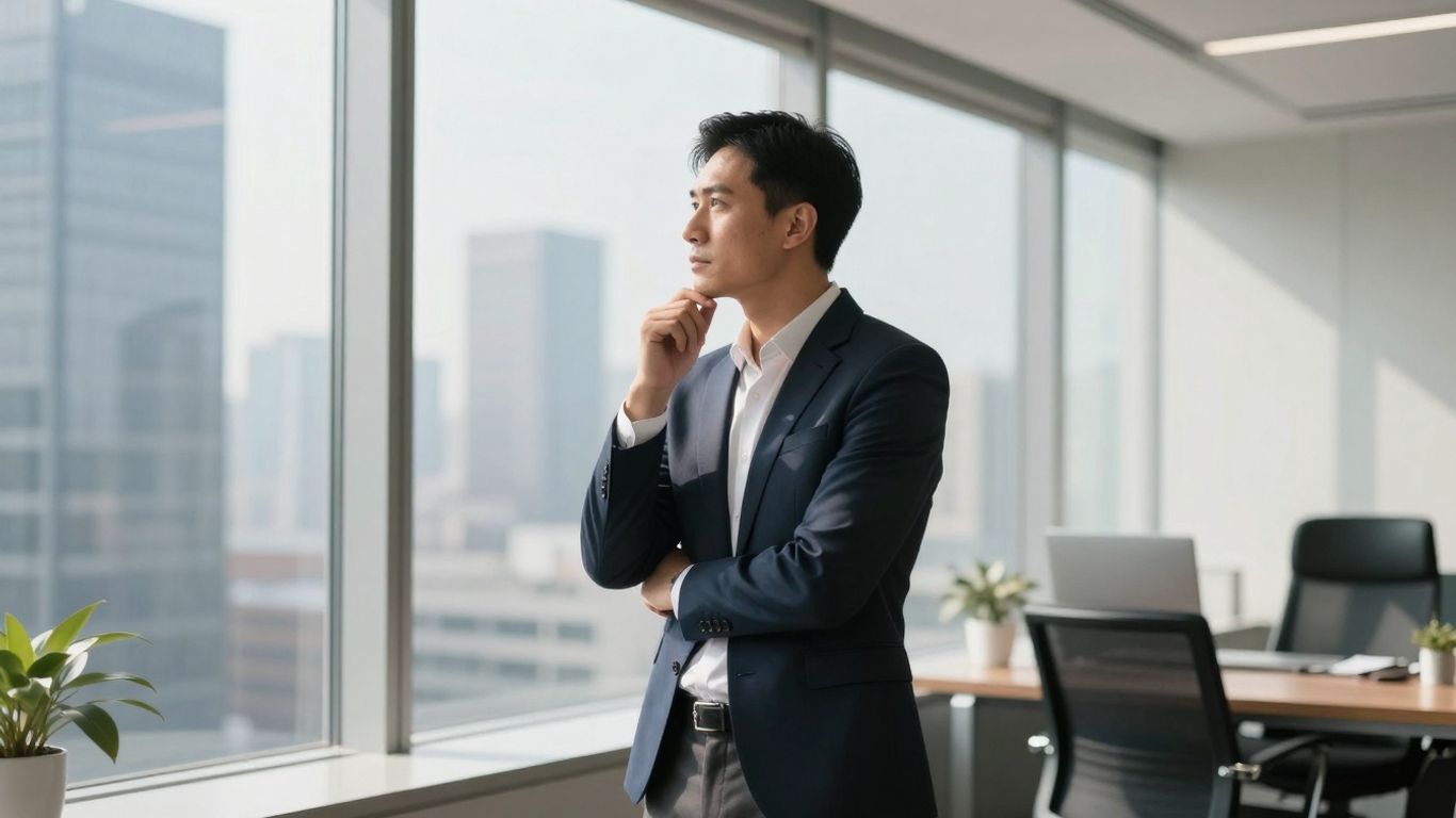 Man looking out window at German cityscape, financial planning.