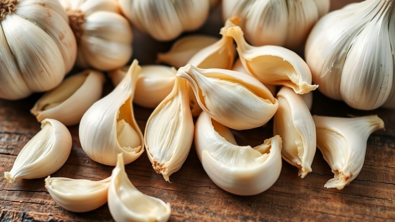 Fresh garlic cloves on a wooden surface.