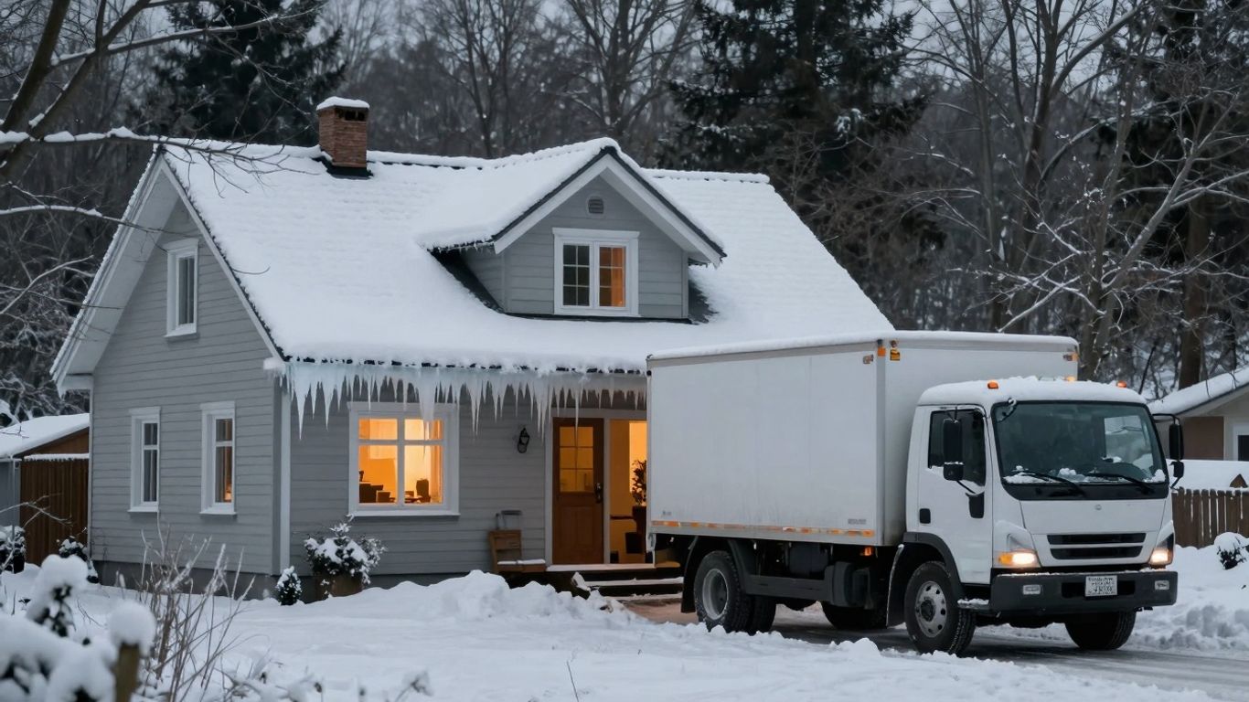 Contractor truck in winter near snowy house.