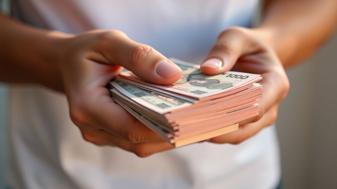Hands holding a stack of money.