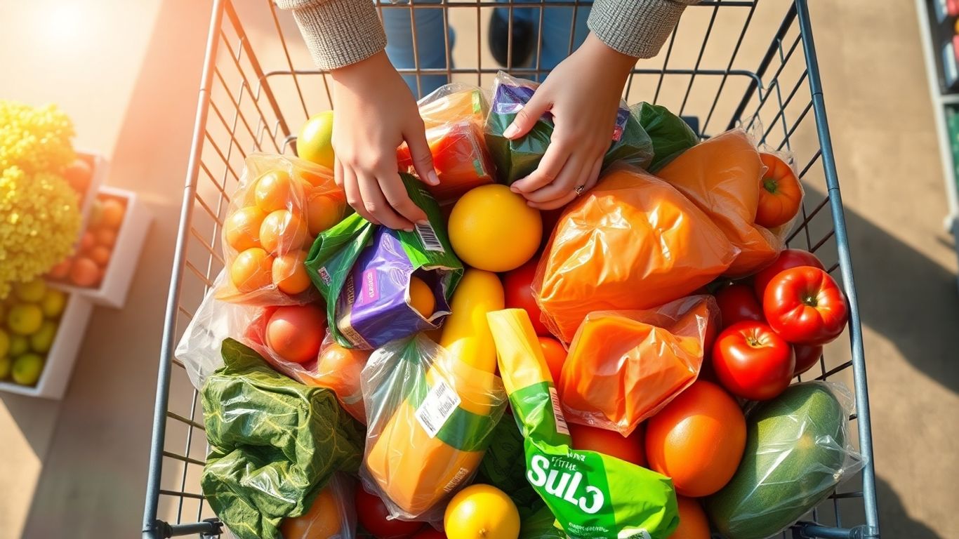 Hands filling shopping cart with bulk groceries