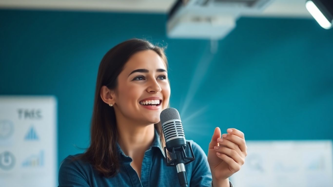 Person speaking confidently into a microphone for a test.