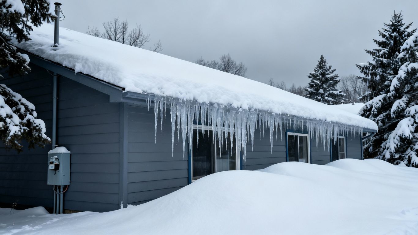 House covered in snow during winter storm.