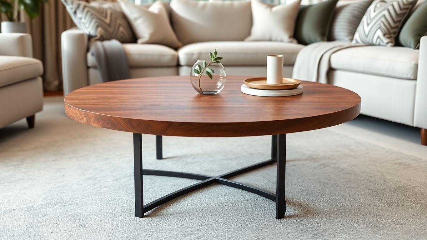 Modern round coffee table in a living room.