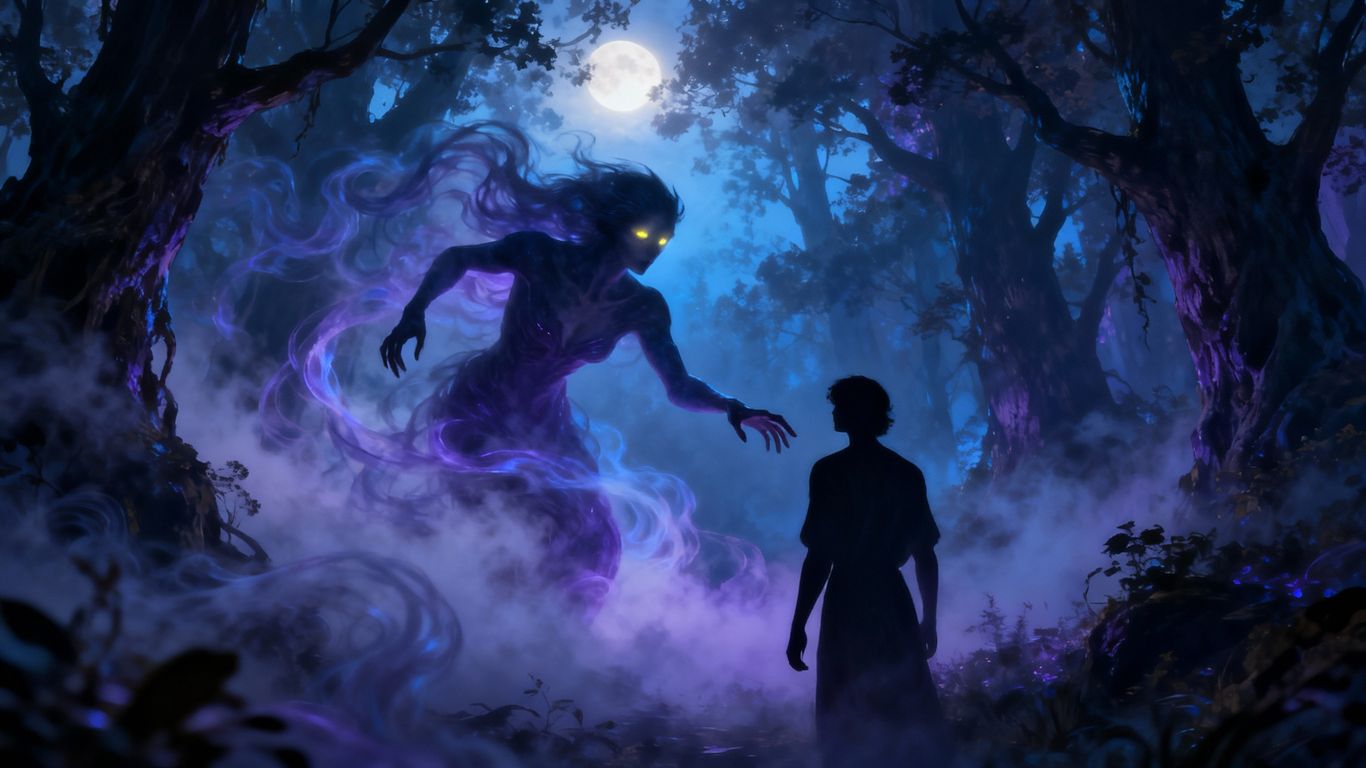 Supernatural romance couple in a mystical, moonlit forest.