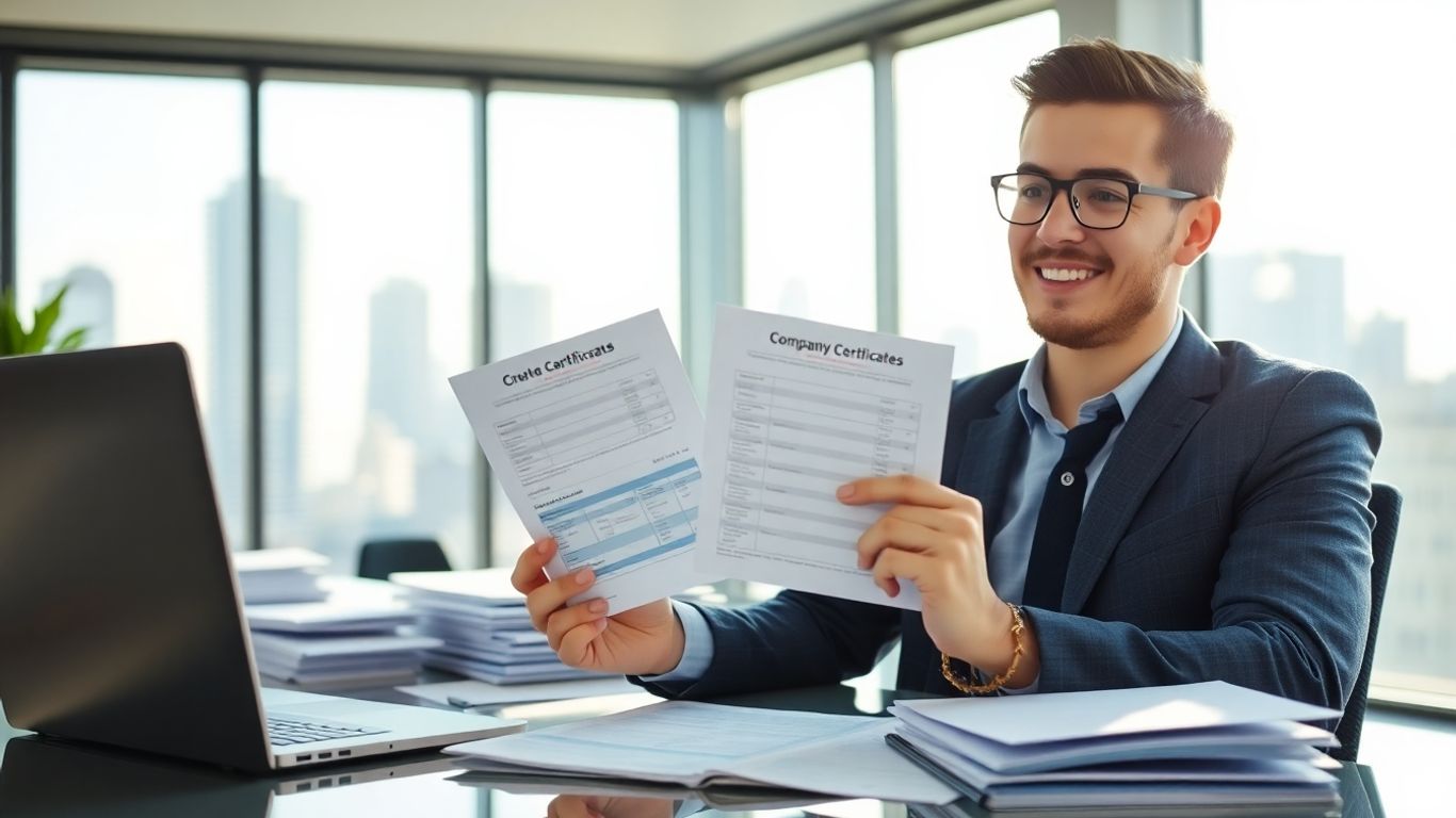 Young investor holding stock certificates in office