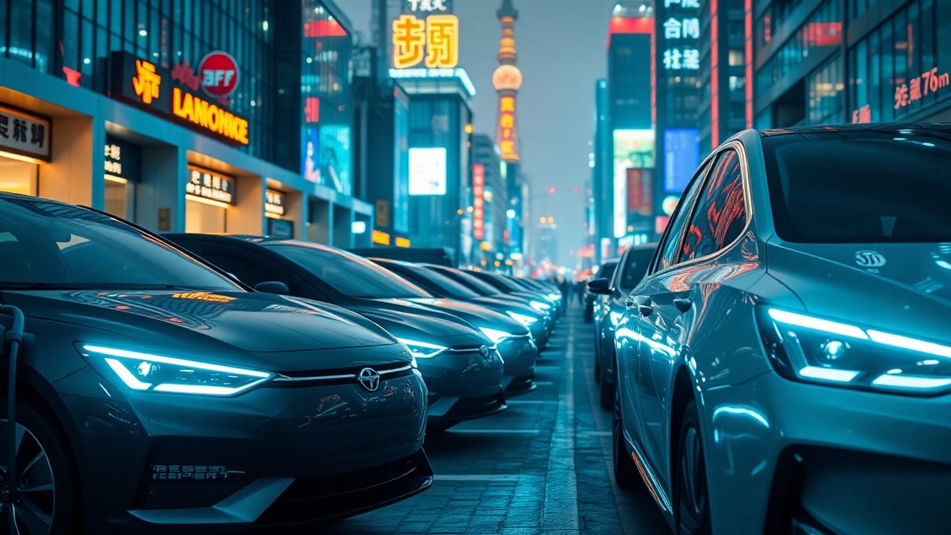 Electric cars charging in a modern Chinese city.