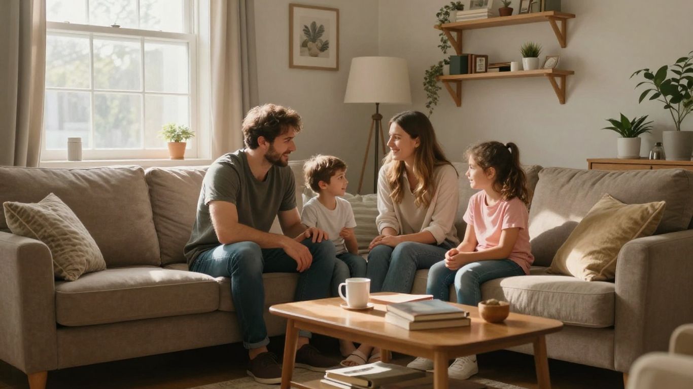 Familia sonriendo en un hogar seguro y protegido.