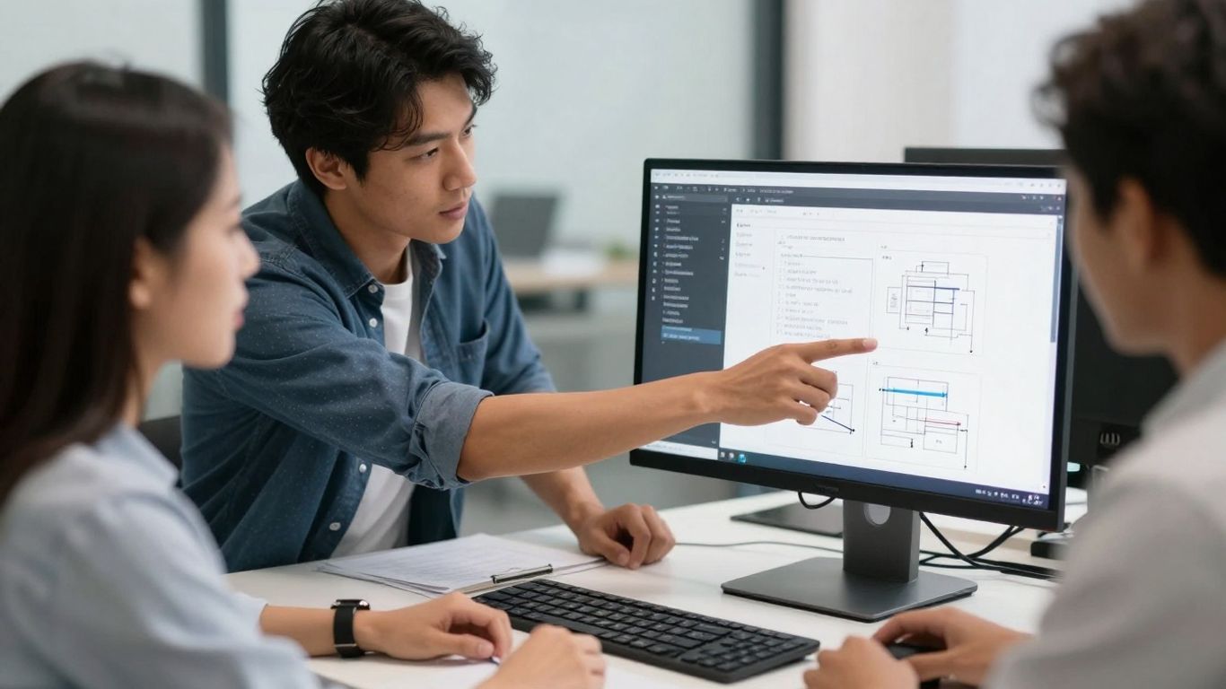 Equipe discutindo desenvolvimento web em um escritório moderno.