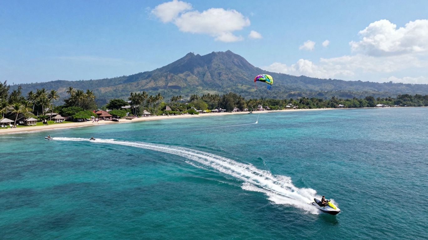 Nusa Dua water sports with jet skis and parasailing in Bali.