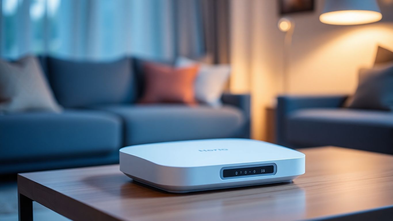 Roteador Mesh moderno em sala de estar conectada.