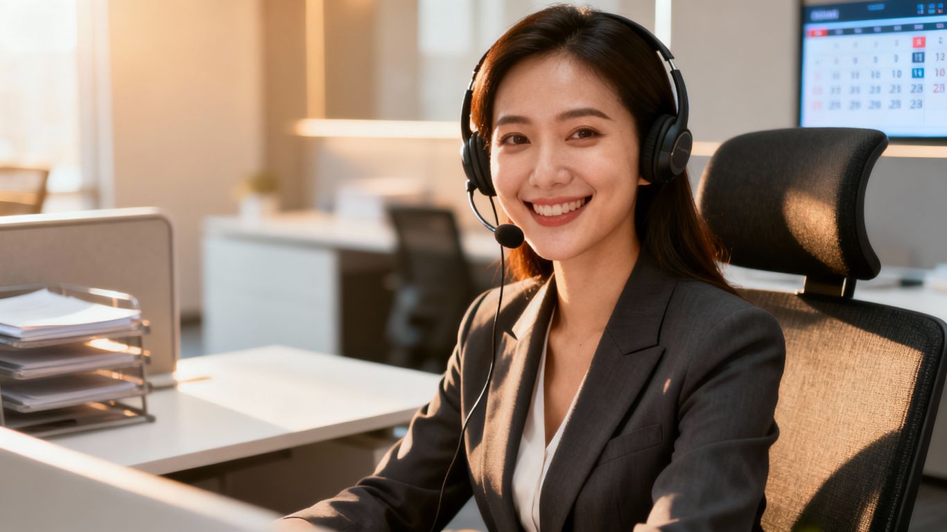 Professional woman wearing a headset in an office.
