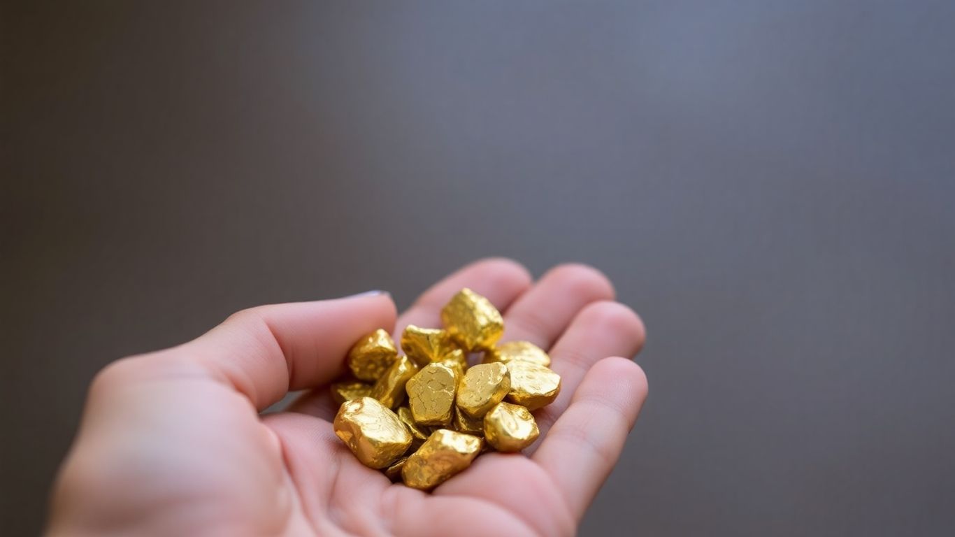 Mão dourada segurando pepitas de ouro