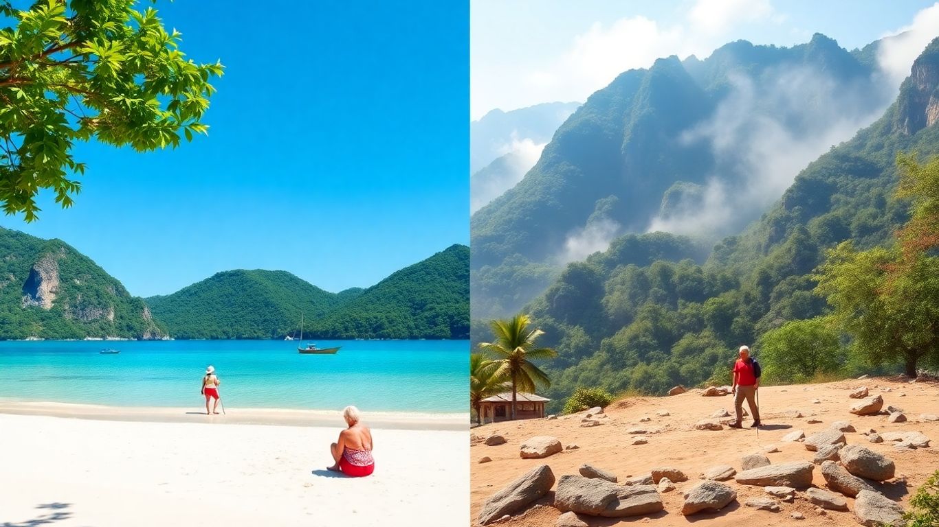 Beach and mountains with retirees enjoying outdoor nature