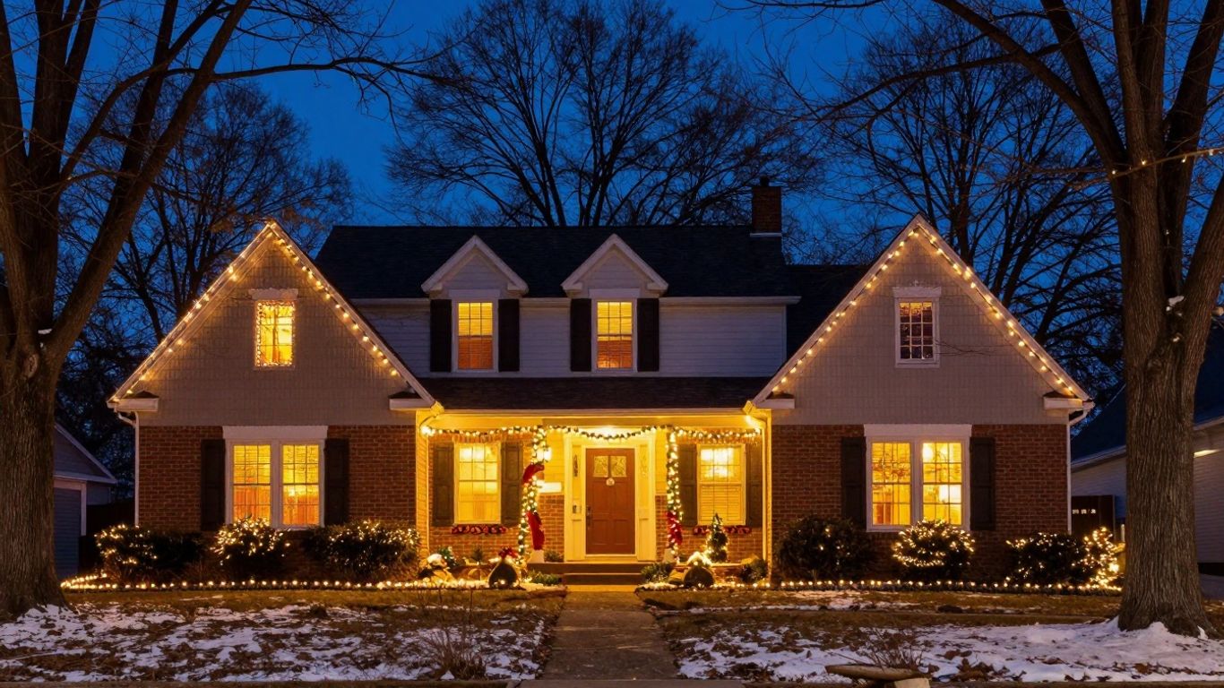 Glen Carbon home with permanent Christmas lights glowing brightly.