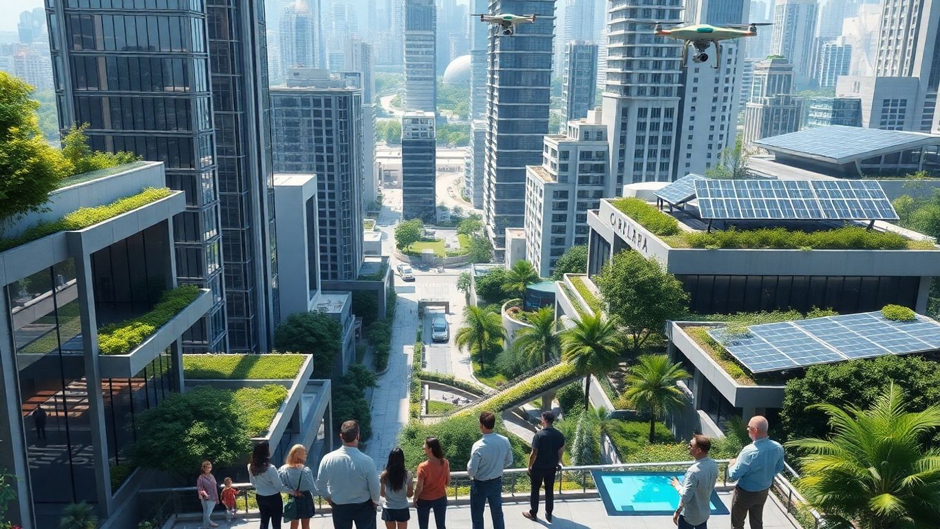 Futuristic sustainable city with people and technology.