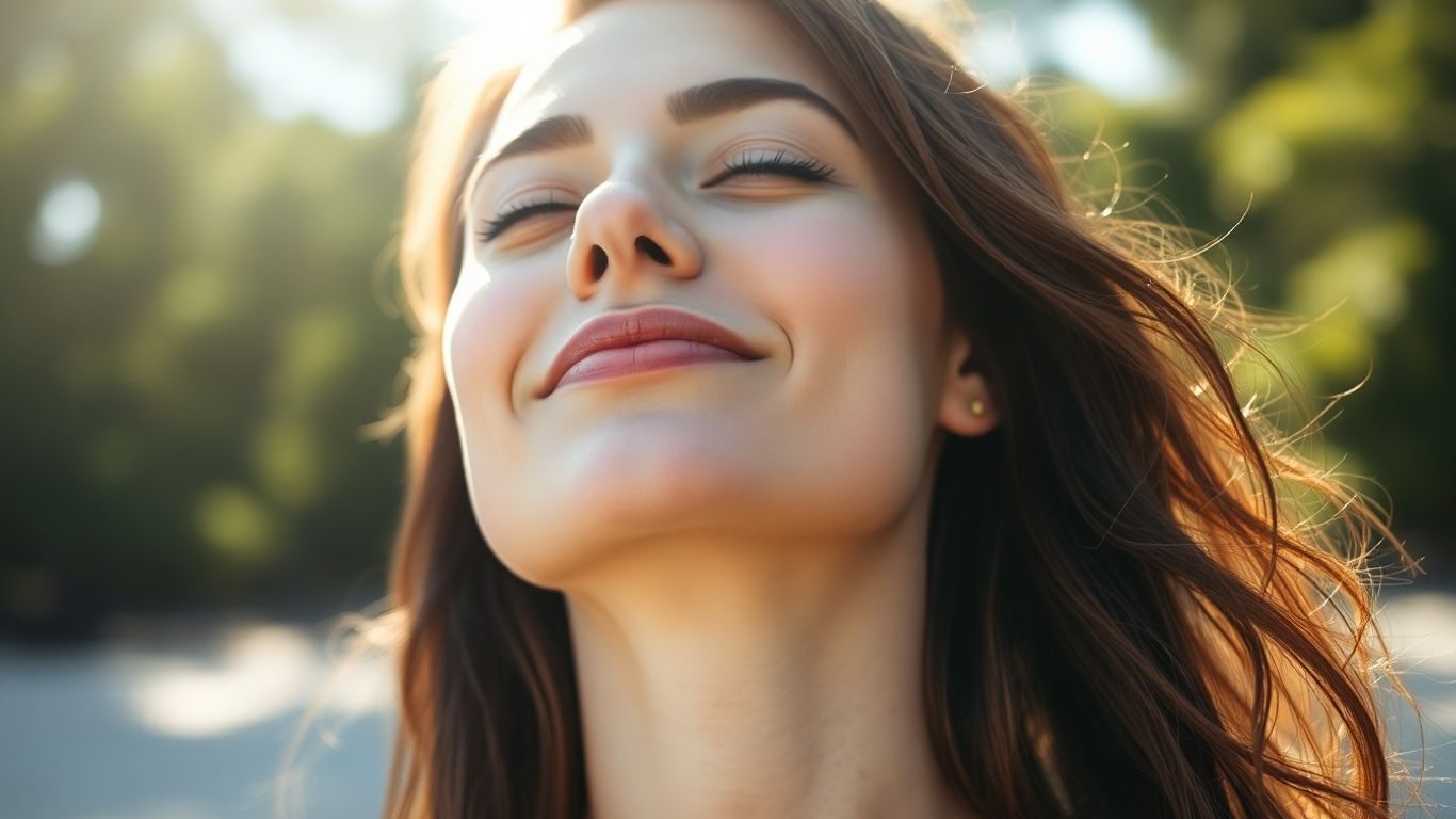 Woman breathing deeply in a peaceful natural setting.