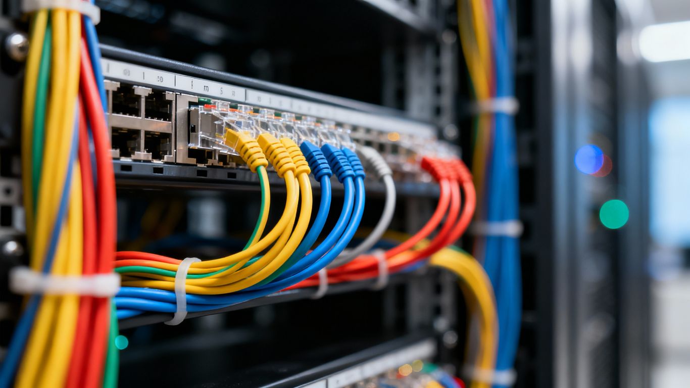 Neatly organized network cables in a data center.