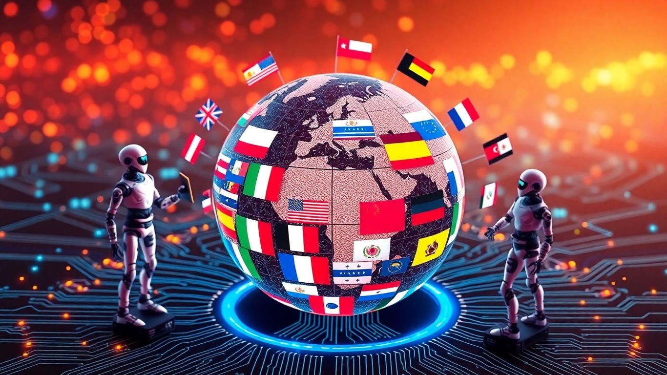 Nations and AI robots around a digital globe