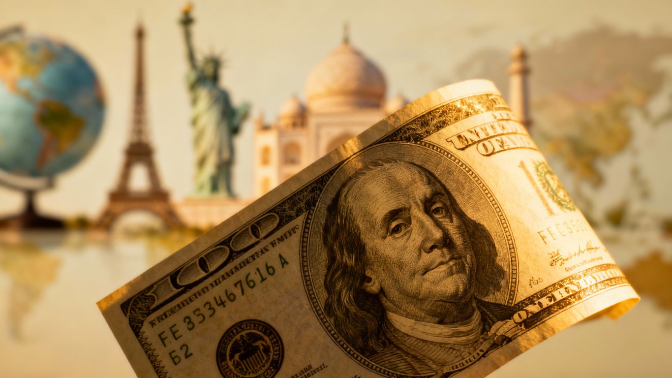 US dollar bill with global landmarks in background