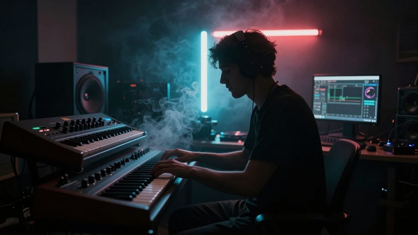 Producer in a neon-lit studio creating ambient trap music.