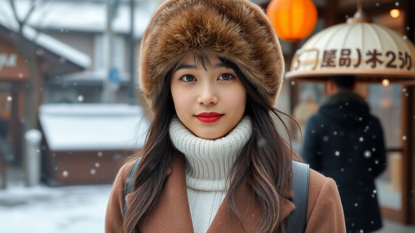 Trendy woman in Japanese winter hat amid falling snow