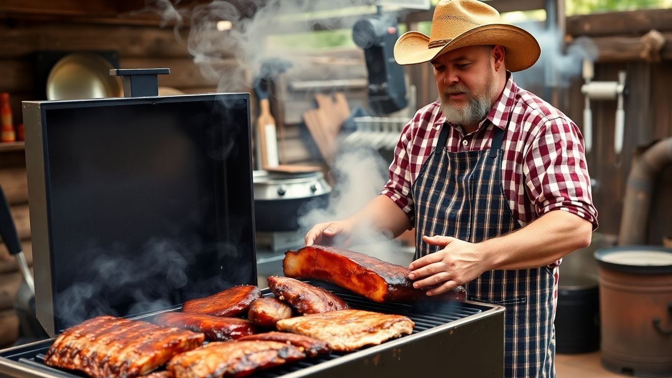 Pitmaster cooking ribs and brisket on a smoker.