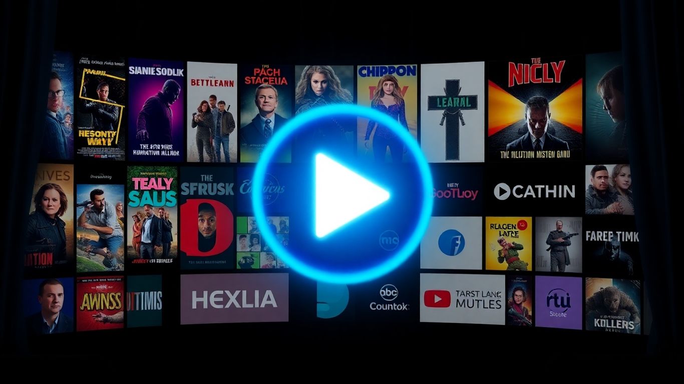 Pôsteres de filmes e logos de streaming para ver filmes online.