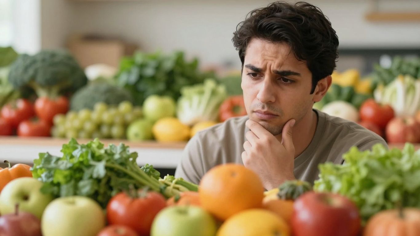 Person deciding between healthy food options.