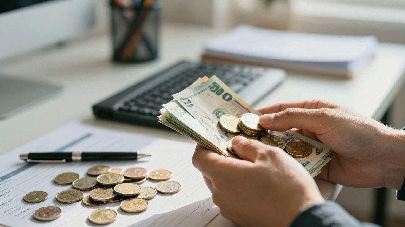 Person planning personal finances with coins and bills.