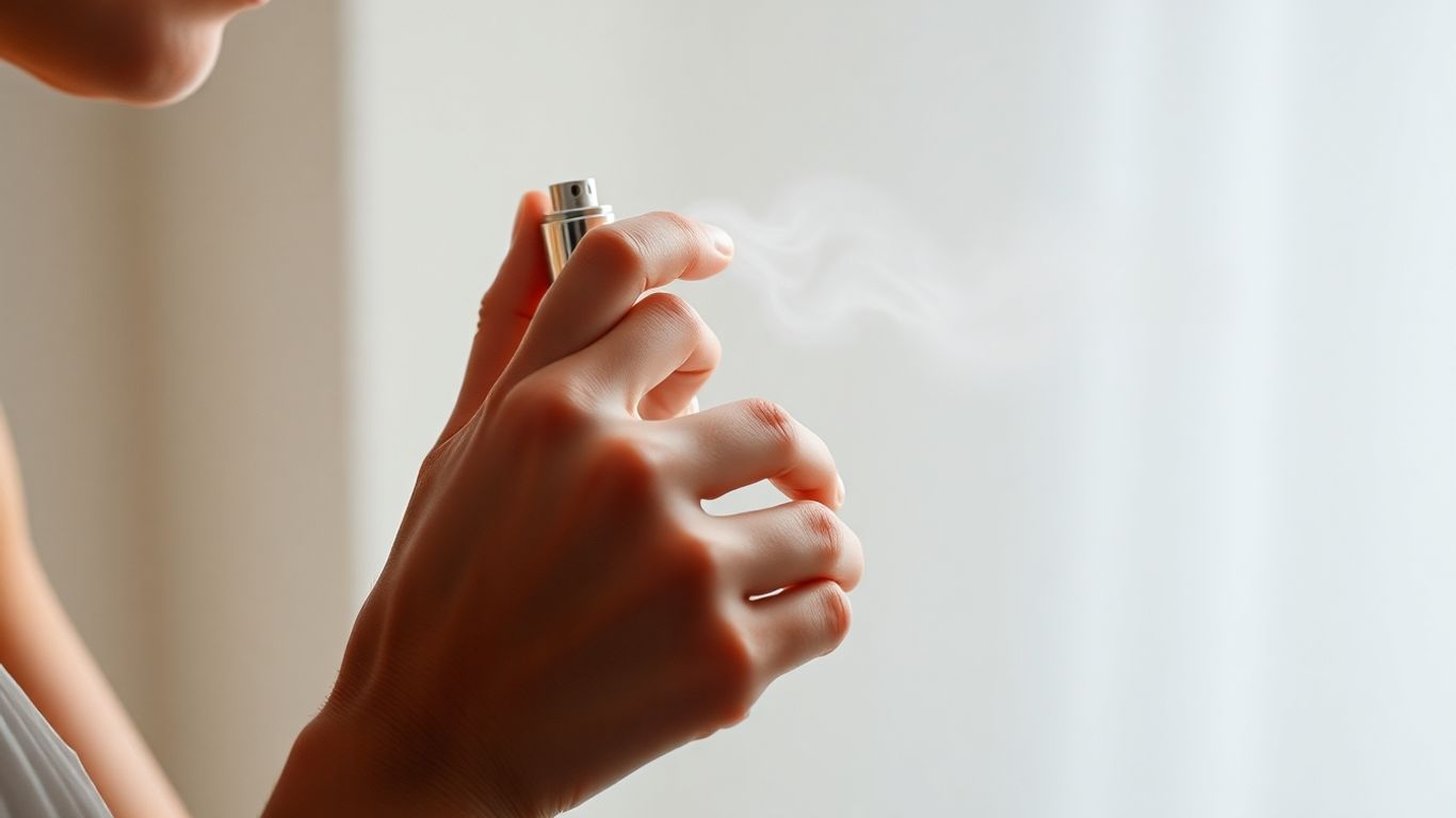Person spraying perfume, scent cloud reflecting personality.