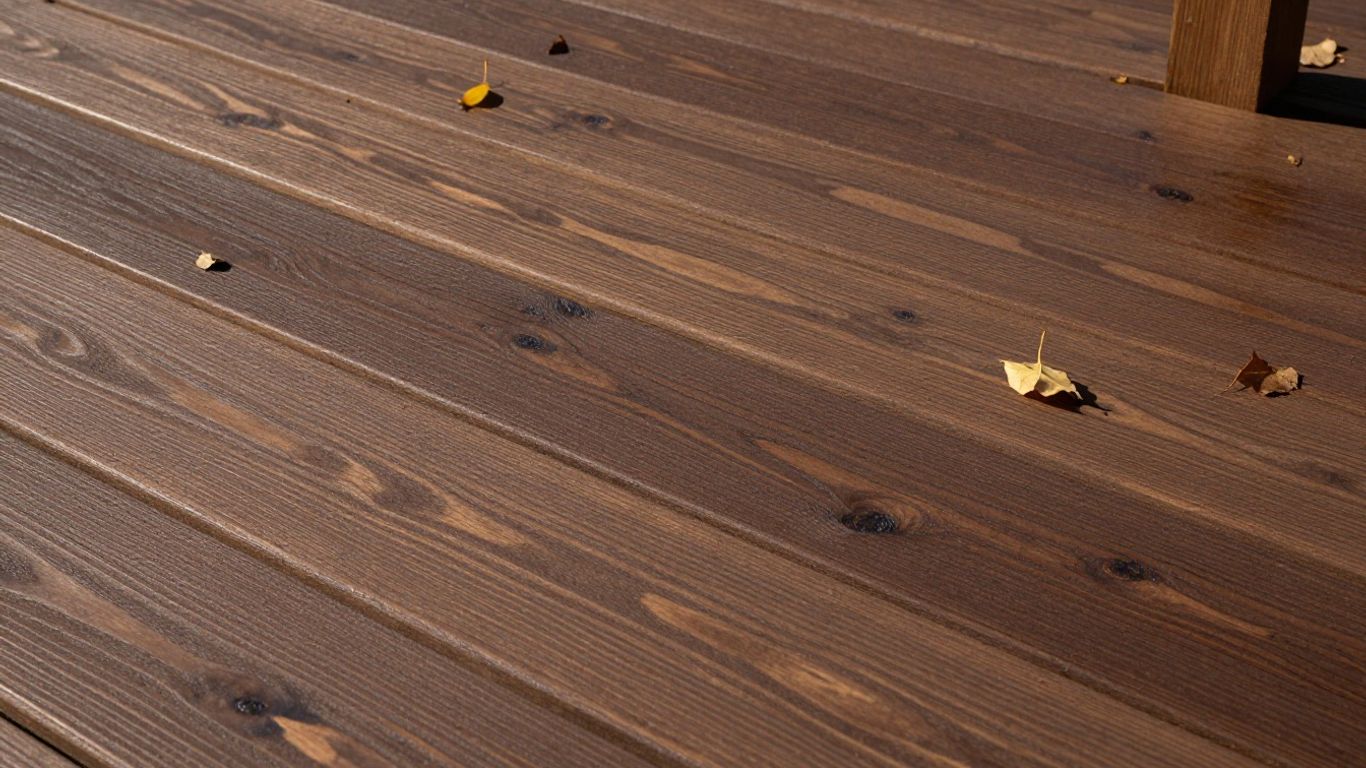 Deck with rich brown stain, autumn leaves.