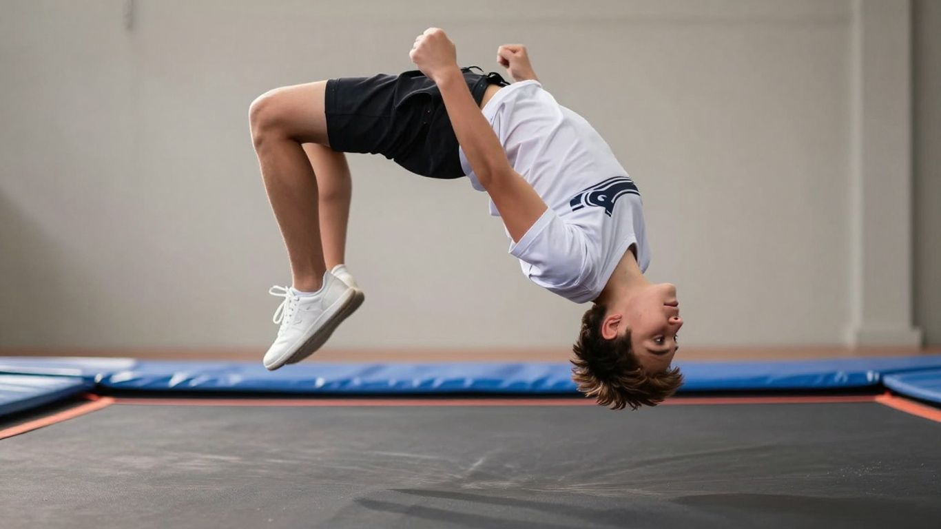 Beginner performing a trampoline backflip in mid-air.