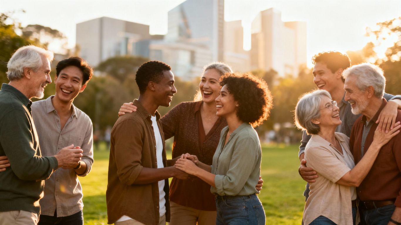 People connecting in a park, modern city background.