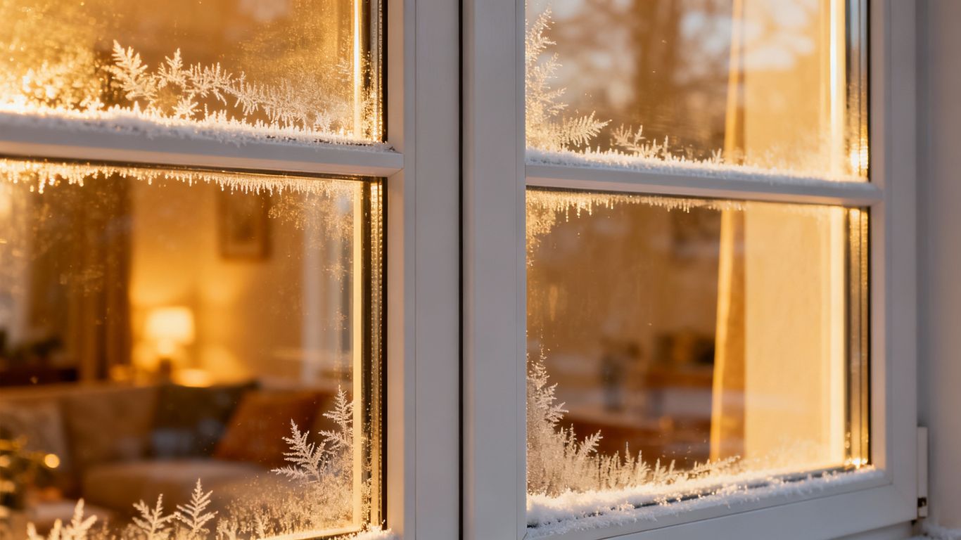 Newly installed window with frost on the outside.