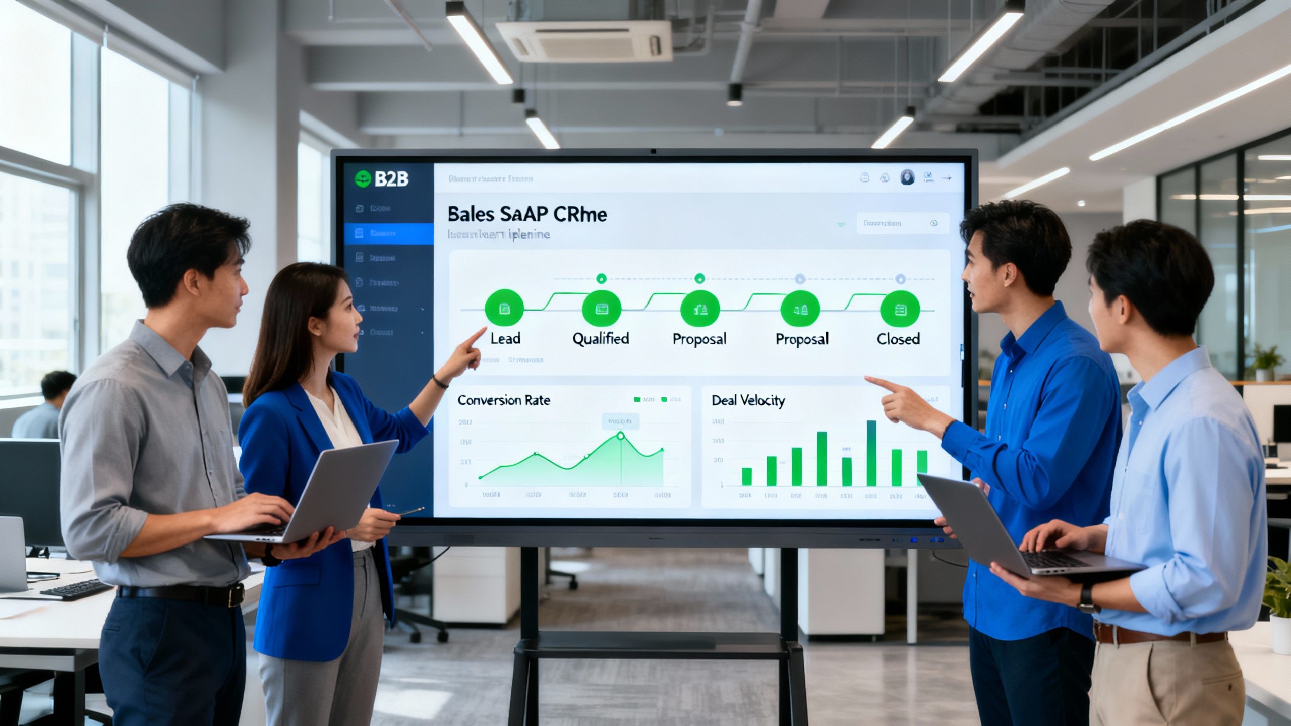 team managing crm for b2b saas sales pipeline and tracking conversions in a collaborative office setting