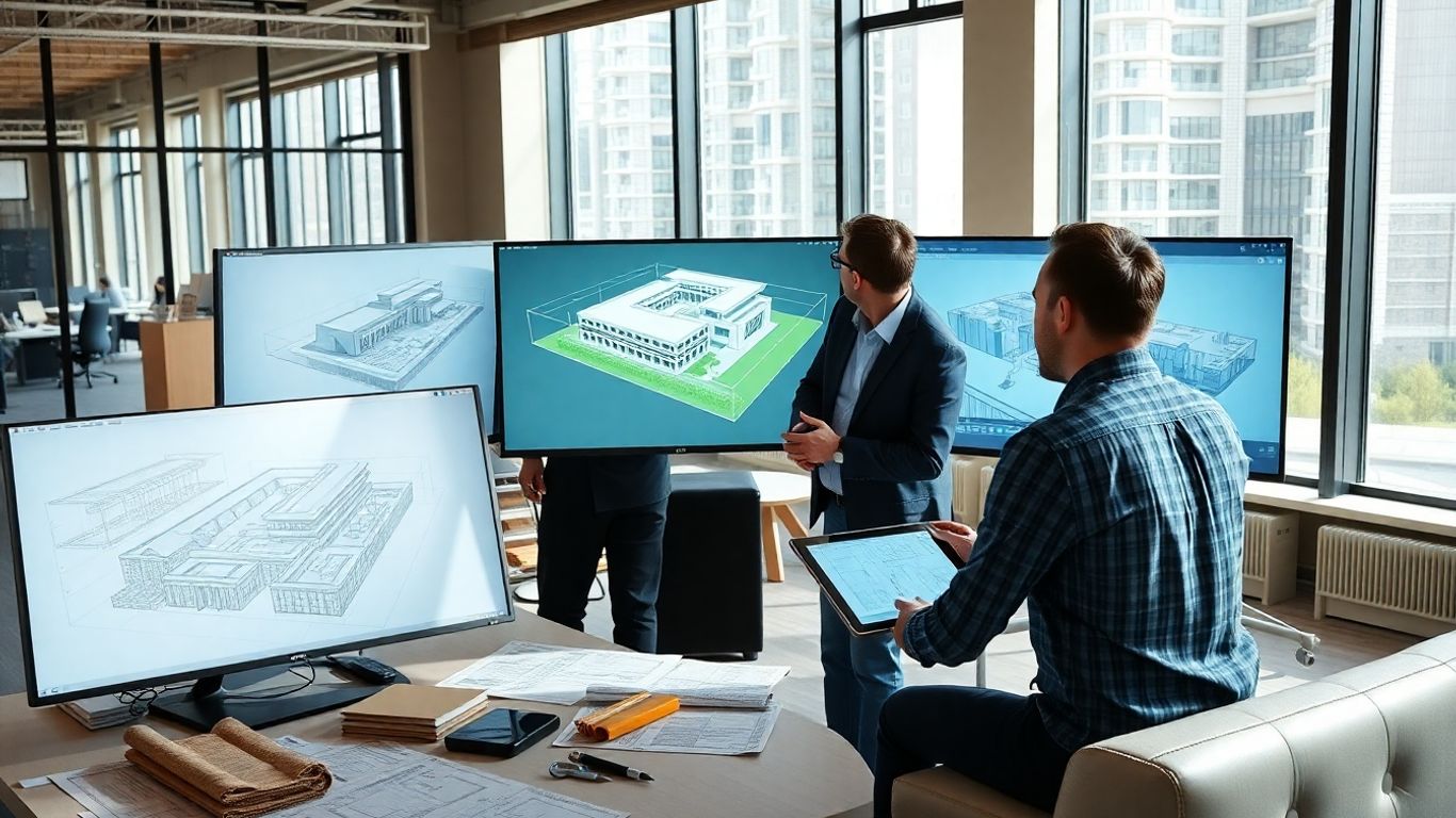 Arhitecți analizând modele 3D BIM pe computere moderne